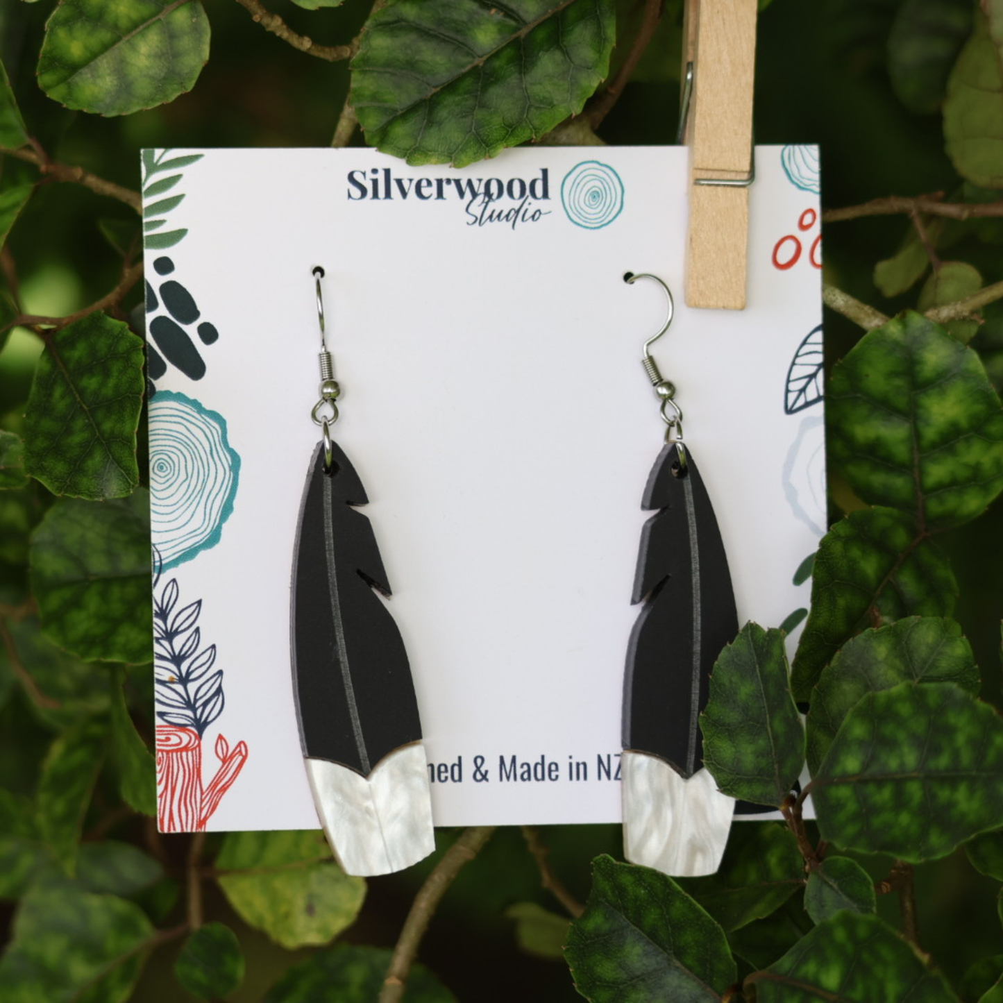 Silverwood Earrings, Huia Feather Drop