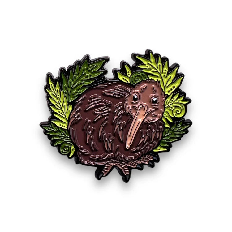 Kiwi in Ferns Enamel Pin Close up