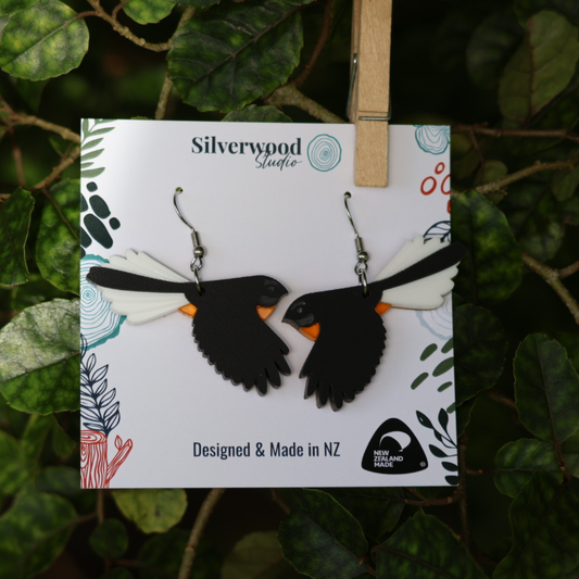 Silverwood Earrings, Piwakawaka (Fantail) Drop