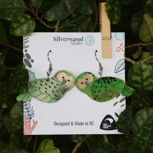Silverwood Earrings, Kakapo Drop