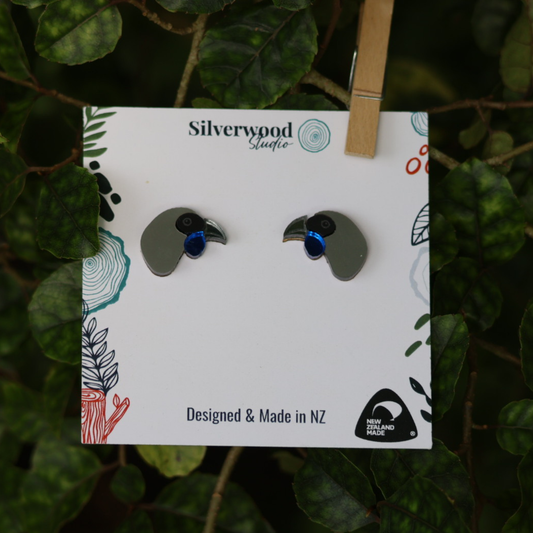 Silverwood Earrings, Kokako Stud